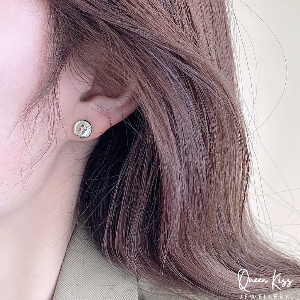 Cute Creative Button Pair of Earrings Silver stainless steel swoosh minimal studs For Man Woman Him Her- Button On!!!