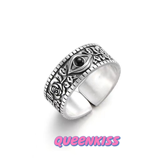 Cool Quirky Adjustable Eye and Roses Silver Ring -- Rosy World