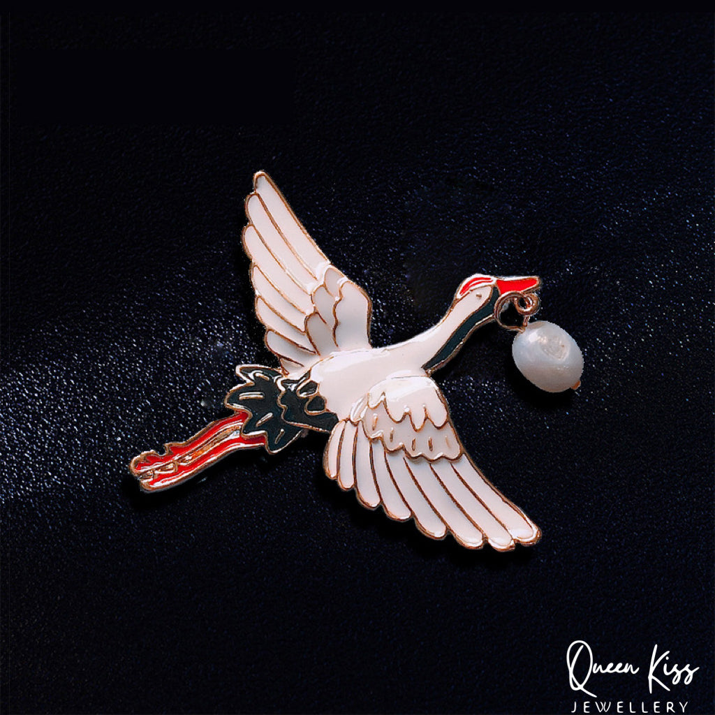 Cute Adorable Good Quality Metal Japanese Crane and Pearl Brooches Artist Gift for Her, Mother, Kid, Sister, Good Friends