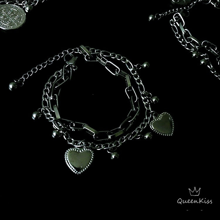 Funky Punk Stainless Steel Two Layers Cool Style Chain Heart Silver Bracelet -- Love Love Love!!