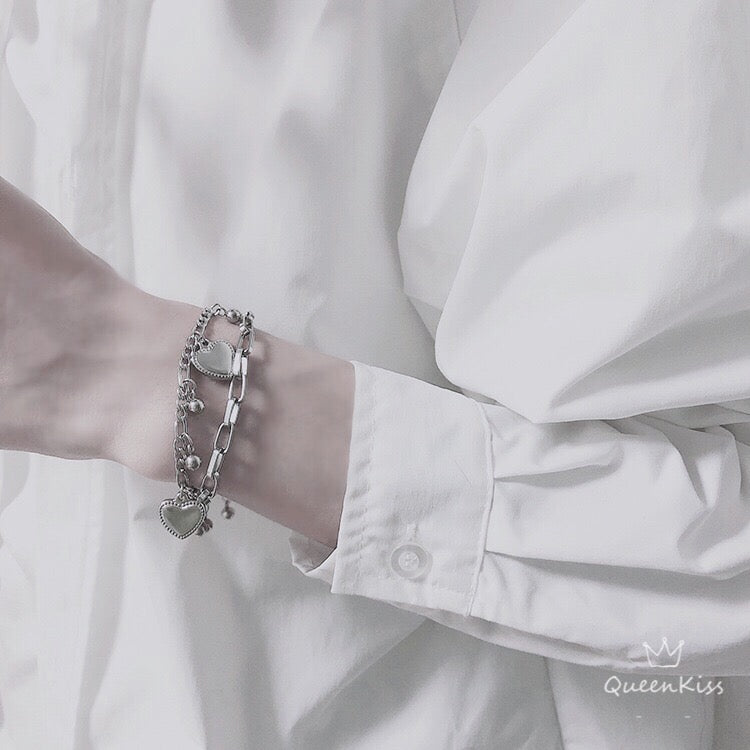 Funky Punk Stainless Steel Two Layers Cool Style Chain Heart Silver Bracelet -- Love Love Love!!