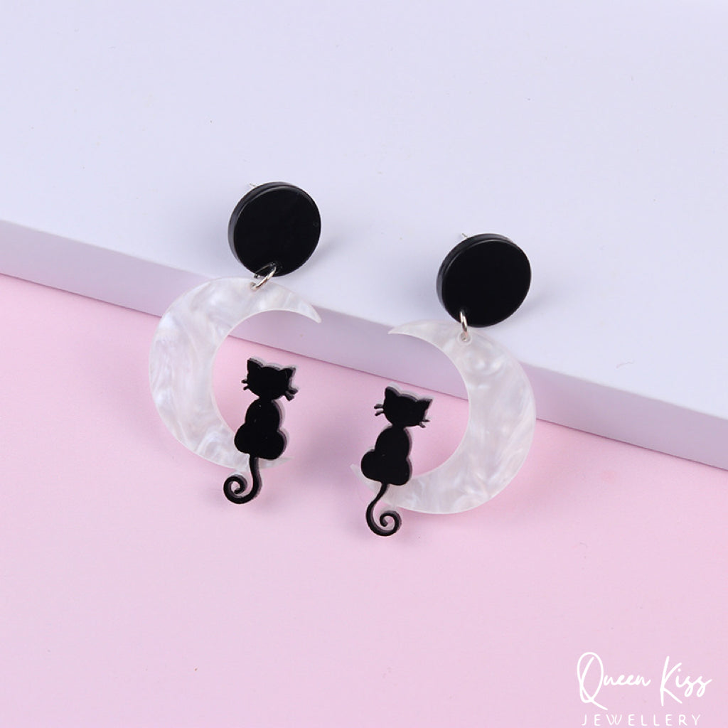 Cute Light Trendy Adorable Acrylic Moon and Black Cat and Star Earrings - Once Upon A Moon!!