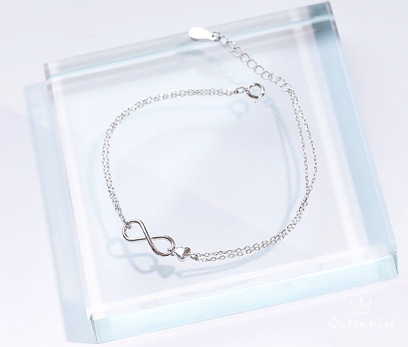 S925 Sterling Silver Circle Eight 8 Cute Heart Bracelet Anklet Gift for Girlfriend Sister Mother Daughter Her-- Infinitie Baby