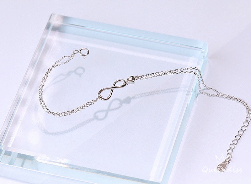 S925 Sterling Silver Circle Eight 8 Cute Heart Bracelet Anklet Gift for Girlfriend Sister Mother Daughter Her-- Infinitie Baby