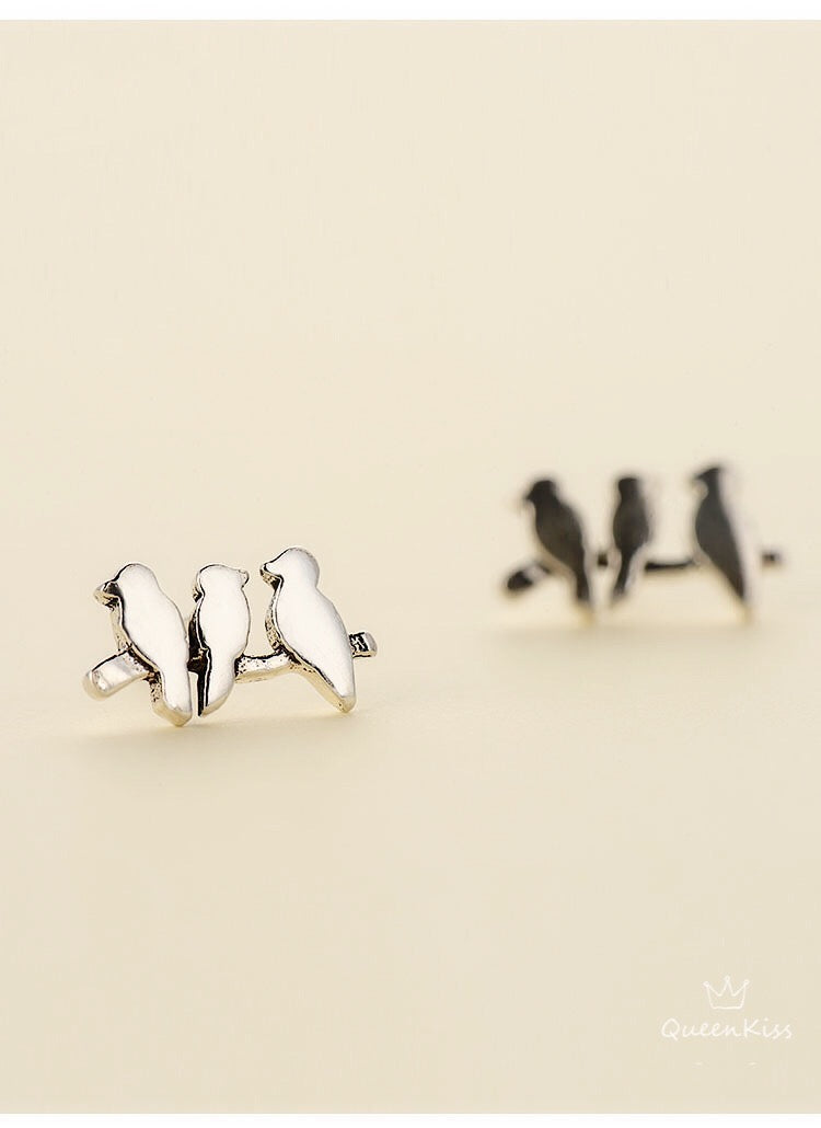 Sterling Silver 925 Stud Earrings Cute Three Birds Stud Earrings Modern Studs Minimal Stud Earrings Gift for her