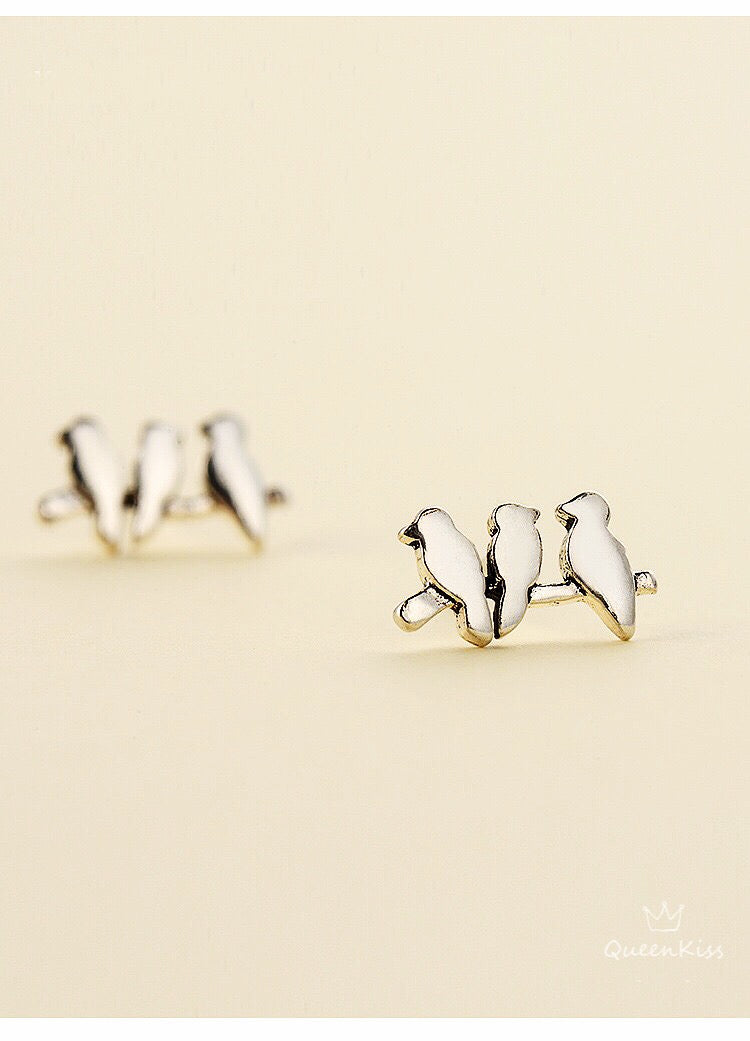 Sterling Silver 925 Stud Earrings Cute Three Birds Stud Earrings Modern Studs Minimal Stud Earrings Gift for her