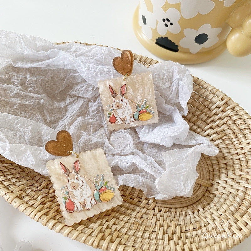 Cute Light Trendy Adorable Acrylic Bunny Rabit And Heart Earrings - Bunny Baby!!