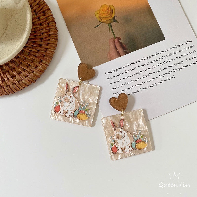 Cute Light Trendy Adorable Acrylic Bunny Rabit And Heart Earrings - Bunny Baby!!