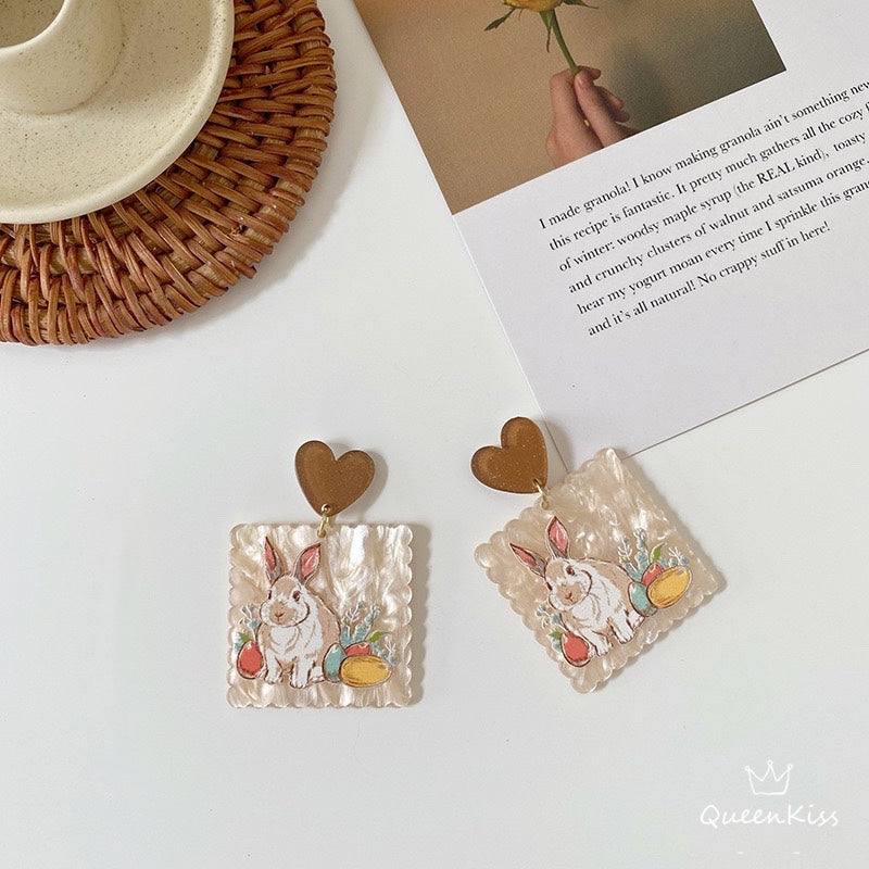 Cute Light Trendy Adorable Acrylic Bunny Rabit And Heart Earrings - Bunny Baby!!