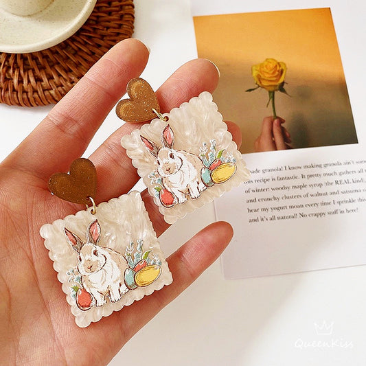 Cute Light Trendy Adorable Acrylic Bunny Rabit And Heart Earrings - Bunny Baby!!