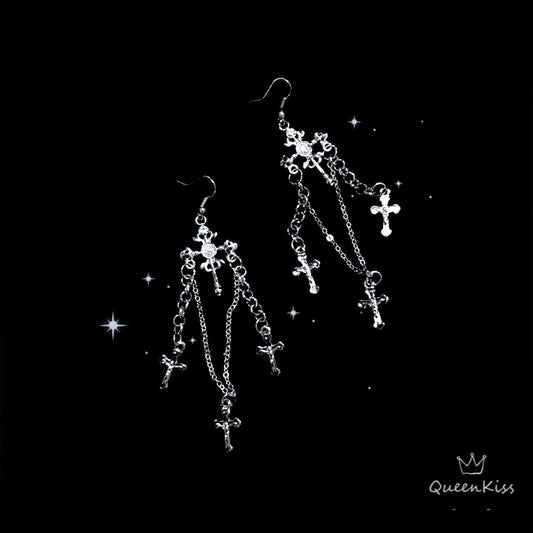 Cross and Cross Antique Silver Earrings Dagger Medieval Drop Dangle Gothic Earrings-- Love me Till the End!!