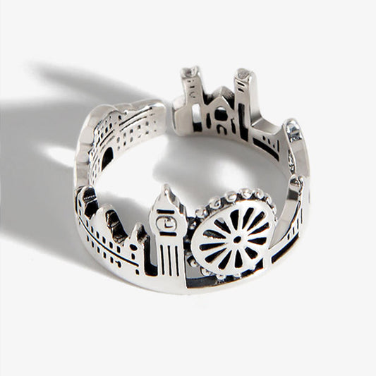 S925 Sterling Silver Vintage Adorable Big Ben Big Wheel London View Ring Adjustable Silver Ring