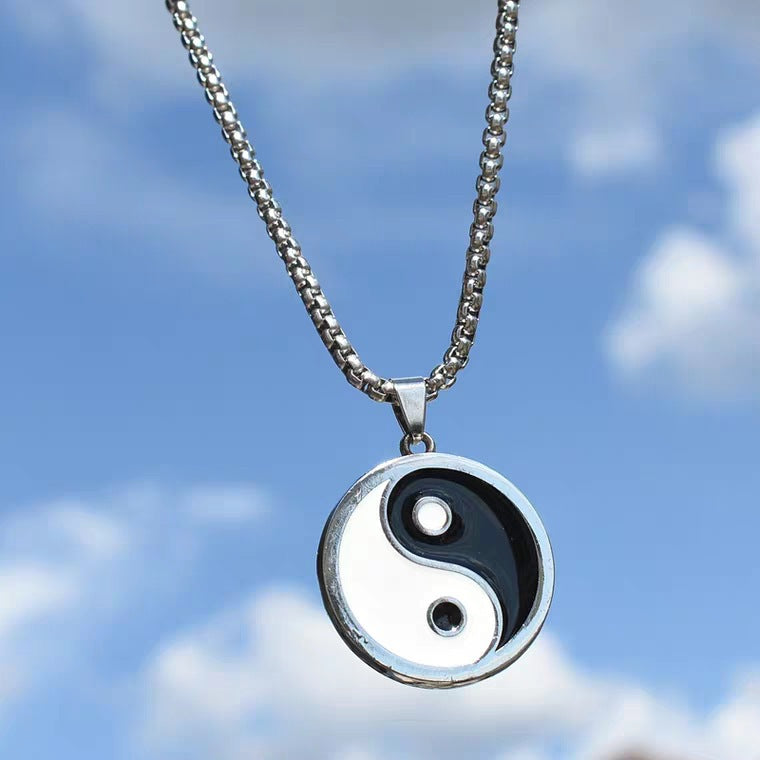 Funky Punk Stainless Steel Cool Yin and Yan Silver Necklace -- Balance!
