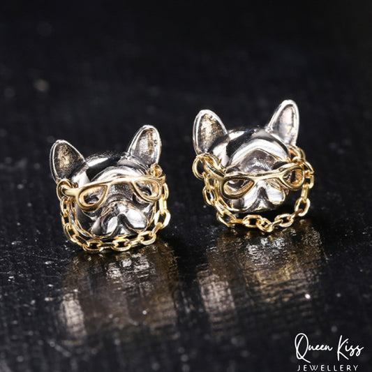 Sterling Silver 925 Stud Earrings Cute French Bull Dog Wearing Gold Glasses Stud Earrings Modern Studs Minimal Stud Earrings Gift for her