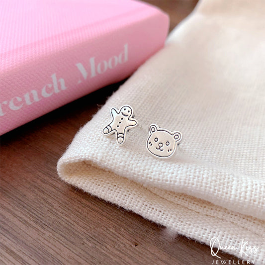 Sterling Silver 925 Stud Earrings Cute Teddy Bear and Ginger Breadman Stud Earrings Modern Studs Minimal Stud Earrings Gift for her