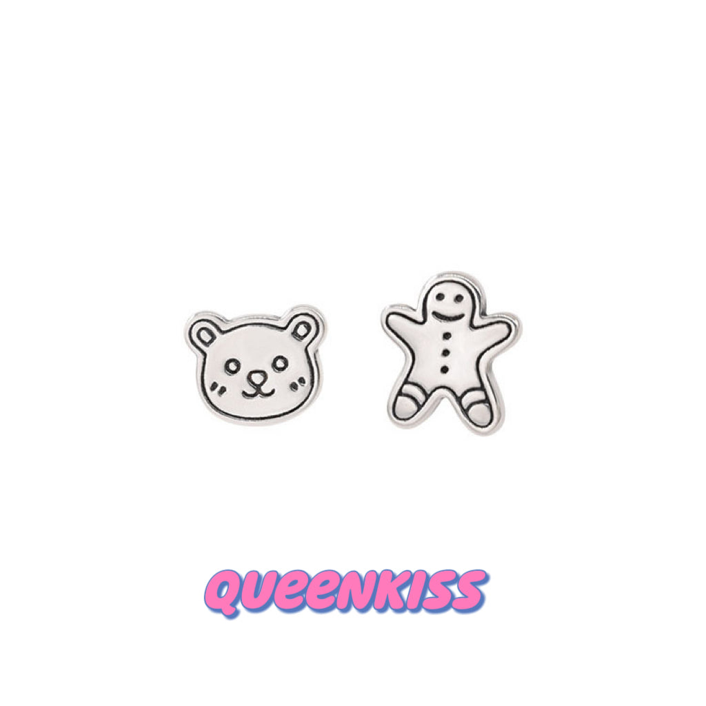 Sterling Silver 925 Stud Earrings Cute Teddy Bear and Ginger Breadman Stud Earrings Modern Studs Minimal Stud Earrings Gift for her
