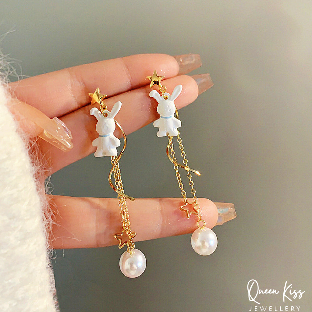 Super Cute White Bunny Rabbit Star Pearl Earrings -- Take Me to The Moon!!