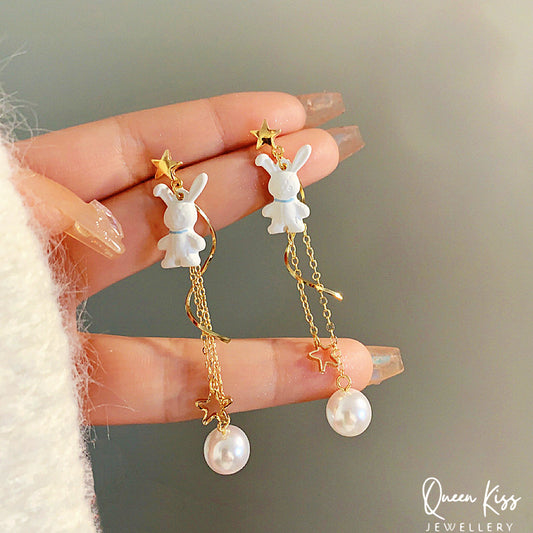 Super Cute White Bunny Rabbit Star Pearl Earrings -- Take Me to The Moon!!