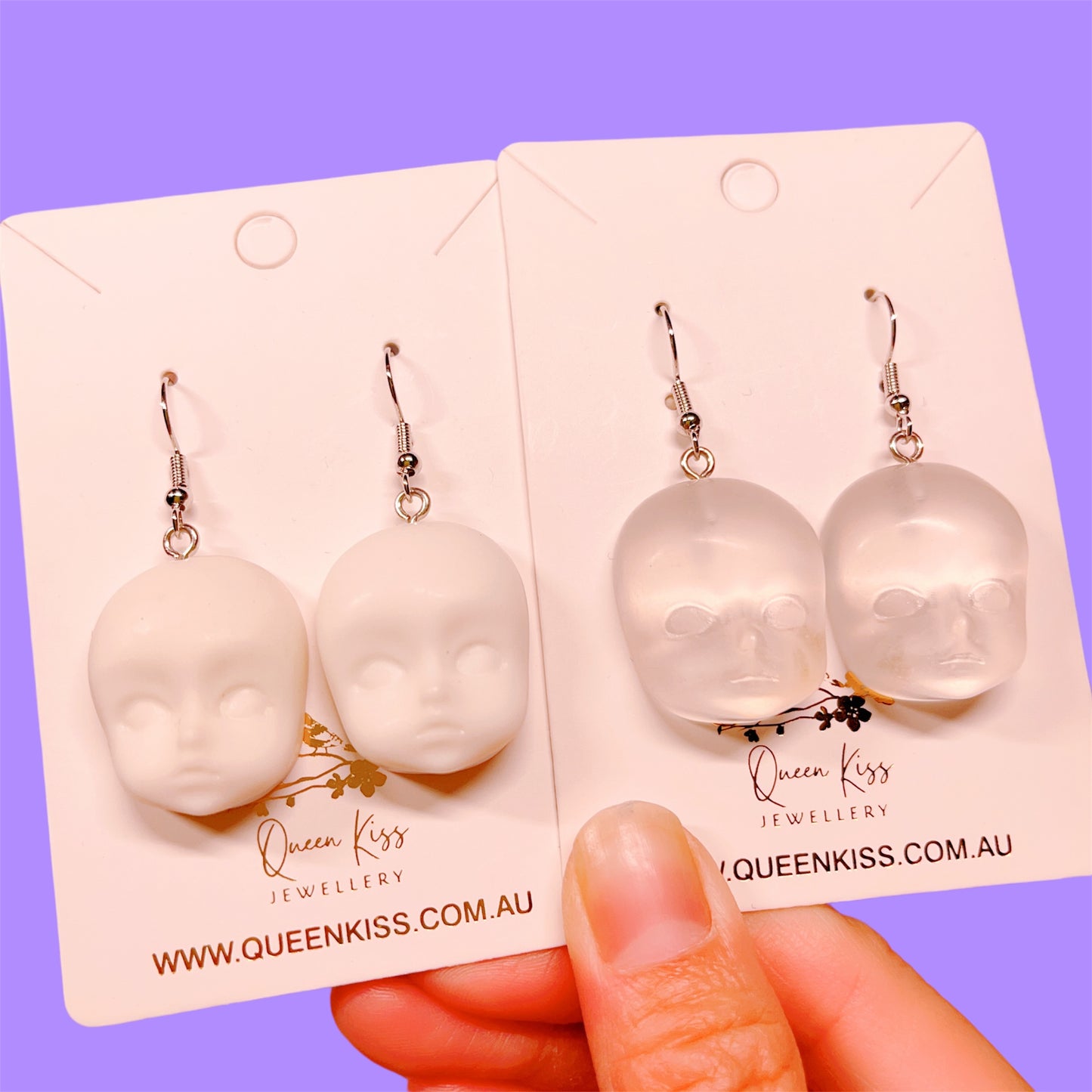 Quirky Dull Translucent and White Little Baby Doll Head Face Earrings -- Love Me Till The End!!