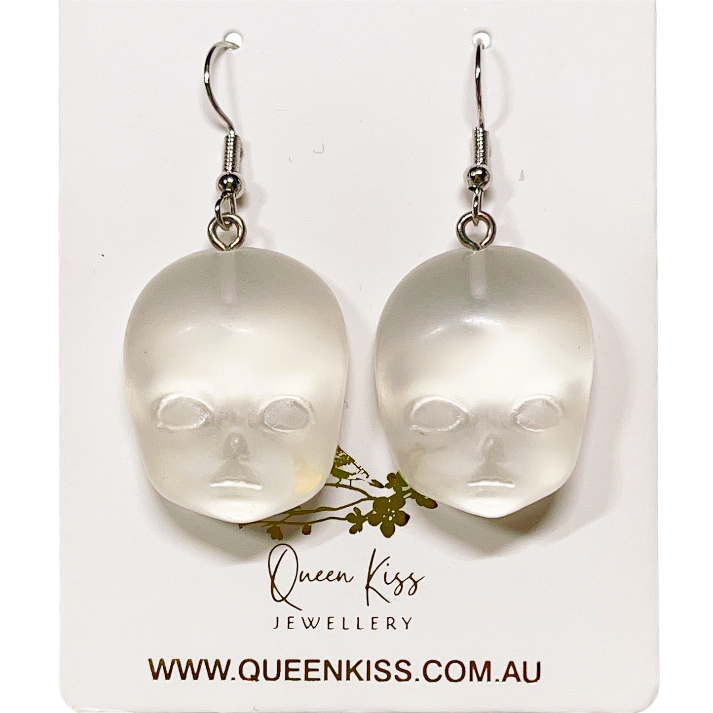 Quirky Dull Translucent and White Little Baby Doll Head Face Earrings -- Love Me Till The End!!