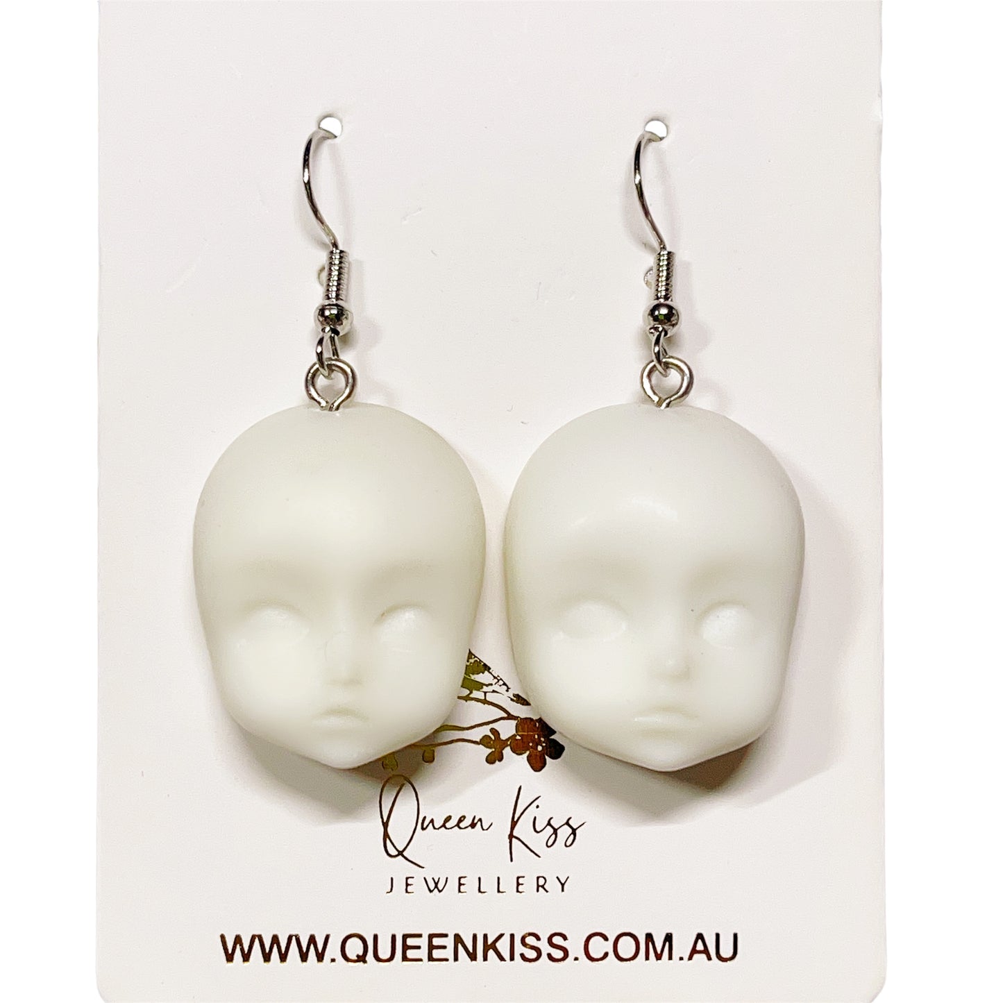 Quirky Dull Translucent and White Little Baby Doll Head Face Earrings -- Love Me Till The End!!