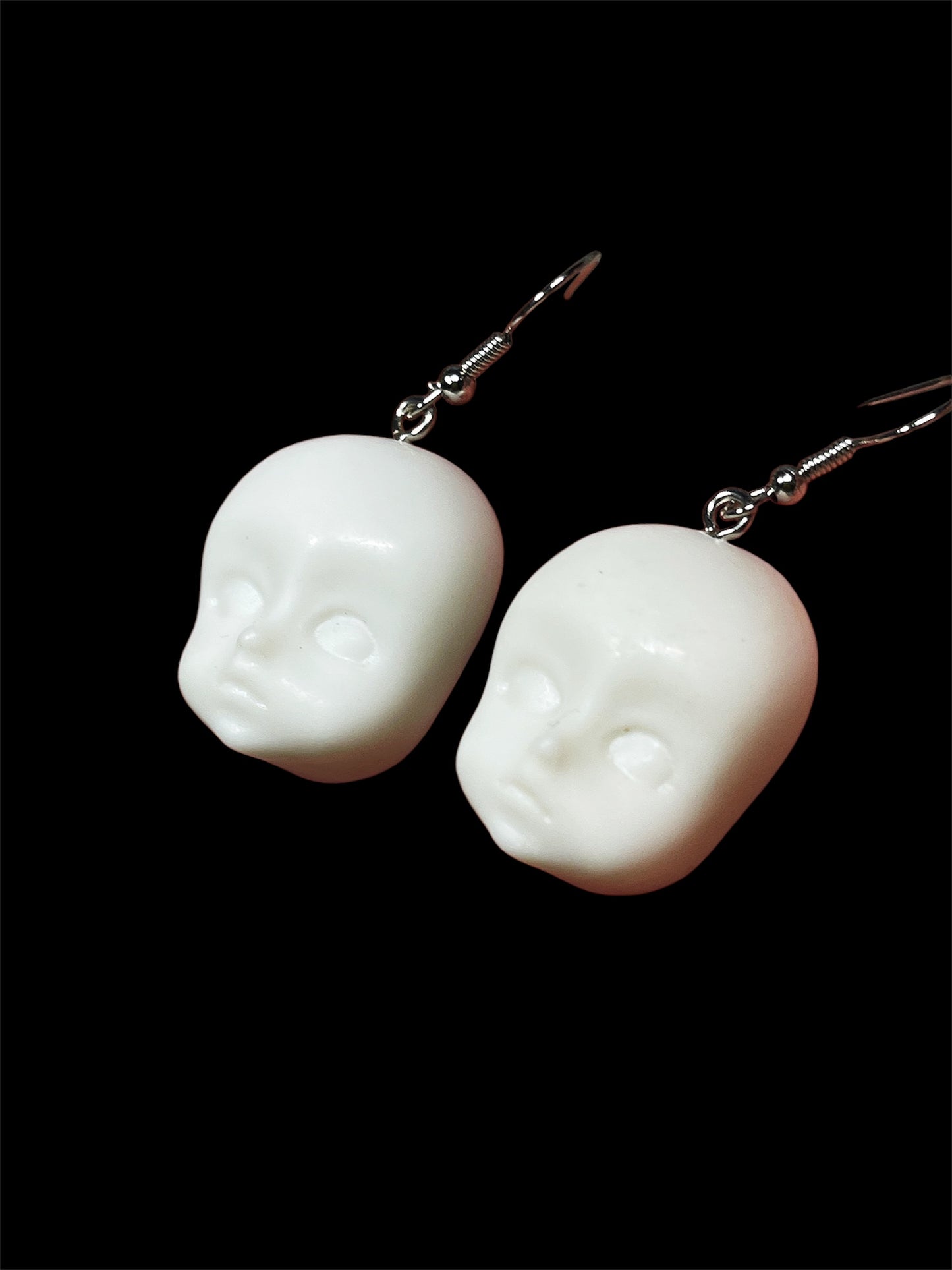 Quirky Dull Translucent and White Little Baby Doll Head Face Earrings -- Love Me Till The End!!