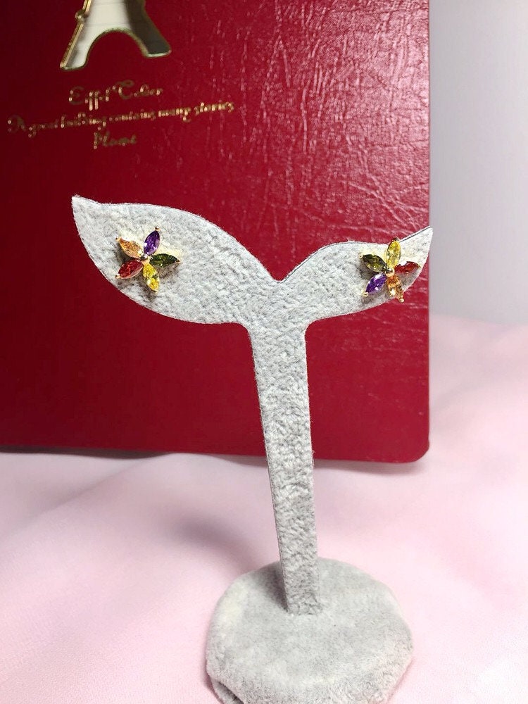 Rainbow Red Pink Green Purple Orange Pentagram Rosegold Cubic Zirconic Zirconia Zircon Stud Earrings--Summer Flower!!