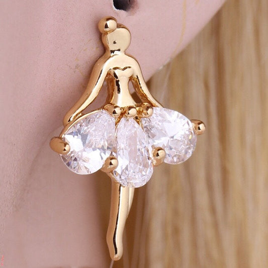Pretty Ballet Dancing Girl Rose Gold Cubic Zirconic Zirconia Zircon Stud Earrings--White Swan Twins!!