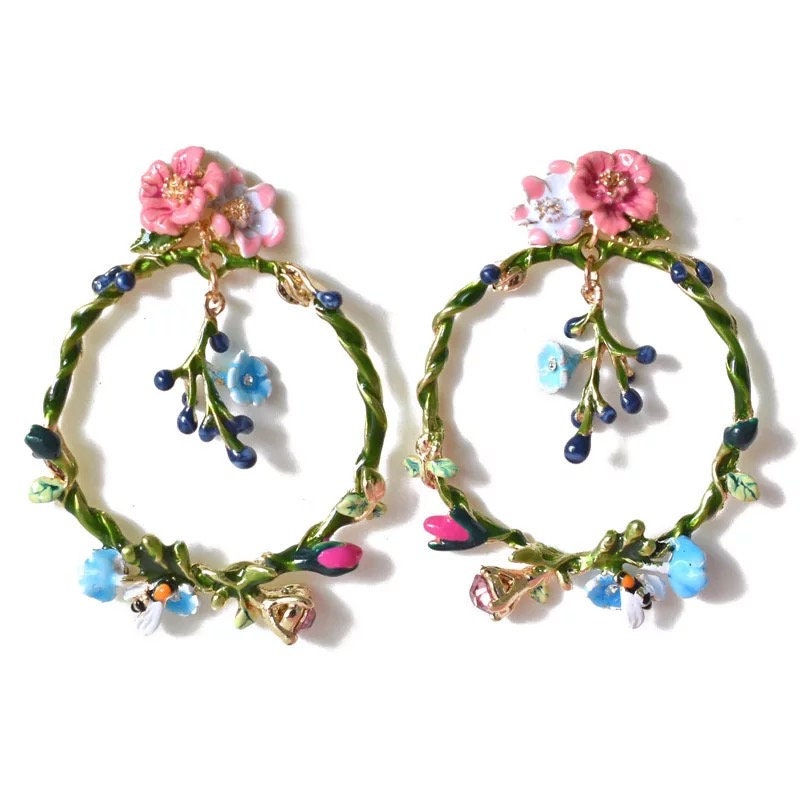 Enamel Sterling Silver Pink Green Blue Leaves Flowers Big Circle Dangle Earrings -- Graceful Fairy!!