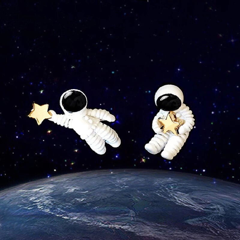 Best Seller S925 Sterling Silver Cute Couple Spacemen Buddy Astronaut Stars Stud Piercing and Clip on Earrings - Let's fly to the moon!!