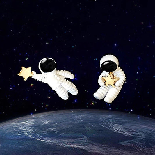Best Seller S925 Sterling Silver Cute Couple Spacemen Buddy Astronaut Stars Stud Piercing and Clip on Earrings - Let's fly to the moon!!