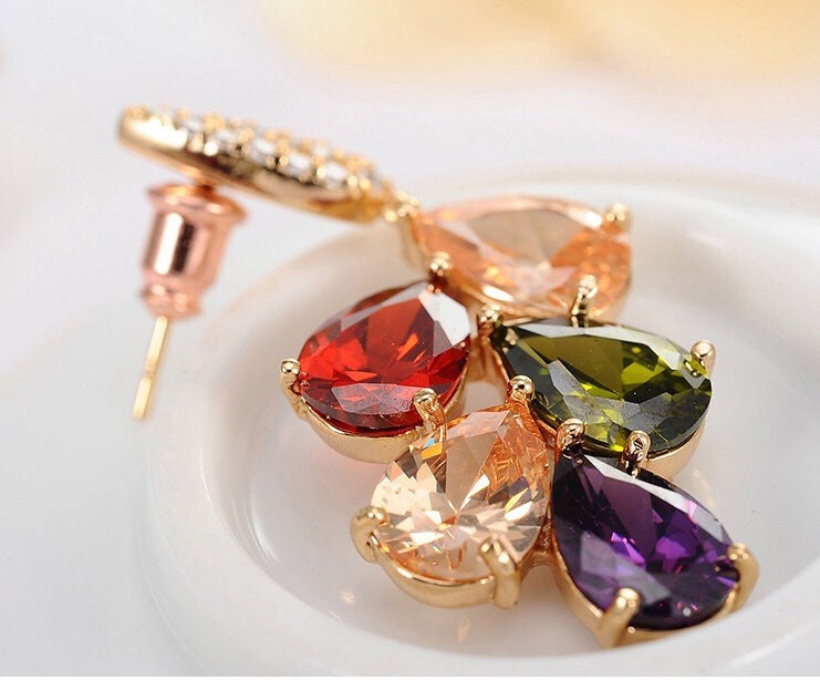 Fully Jewelled Rainbow Colourful Green Purple Orange Red Cubic Zirconia Zircon Zirconic Earrings -- Queen&#39;s Kiss!!