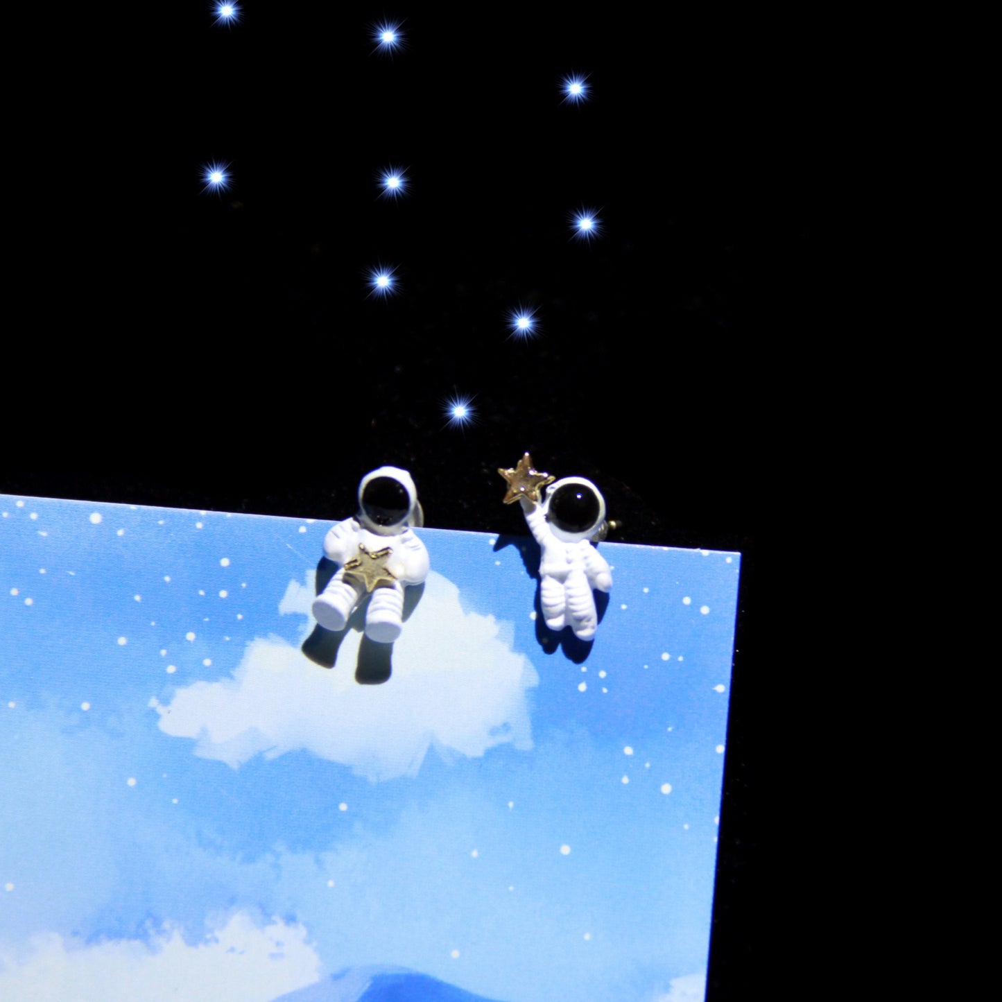 Best Seller S925 Sterling Silver Cute Couple Spacemen Buddy Astronaut Stars Stud Piercing and Clip on Earrings - Let's fly to the moon!!