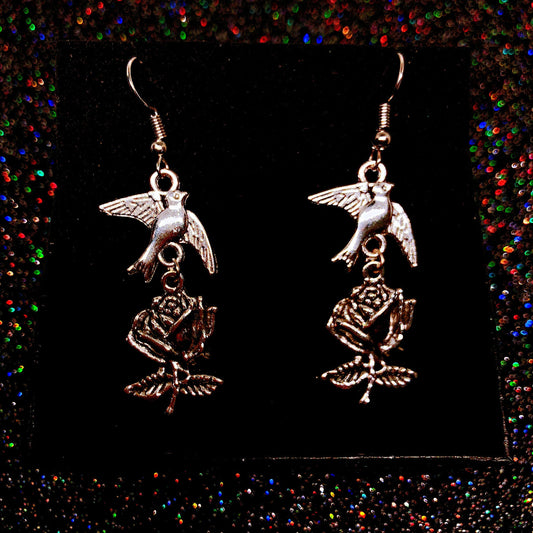 Pigeon and Rose Harmonious Silver Earrings -- Love and Peace!!!