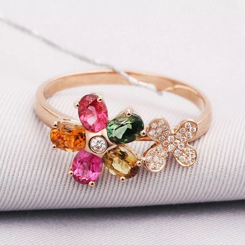 Gorgeous Floral Flowers Rainbow Cubic Zircon Adjustable Rosegold Ring
