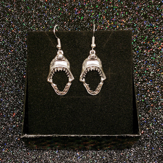 Big Mouth 3D Shark Head Silver Earrings -- The Big Jaws!!!