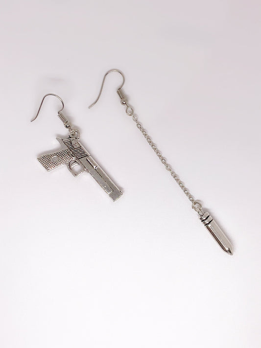 Gun and Long Bullet World Silver Earrings -- Gun and bullet tell the truth!!