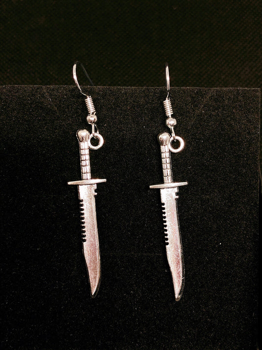 Sale!!Best Seller Sword and Knight Antique Silver Dagger Medieval Weapon Geek Drop Dangle Gothic Grunge Claymore Earrings--Damon&Pythias!