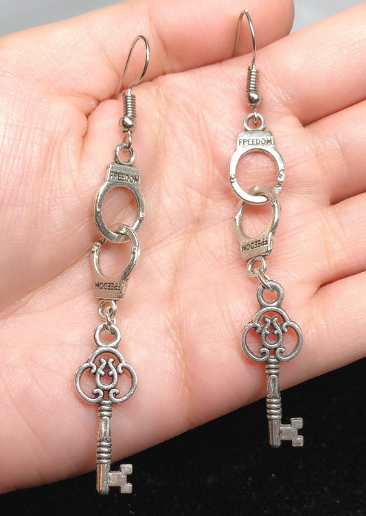 Crazy Handcuffs and Keys Silver Earrings -- Let's get naughty!!