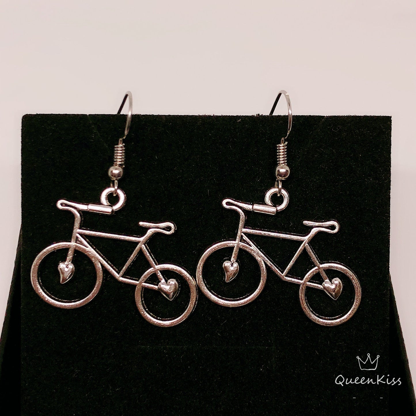 Cute Adorable Heart Shape Silver Lovers Bicycle Bike Earrings -- Take me with you!!