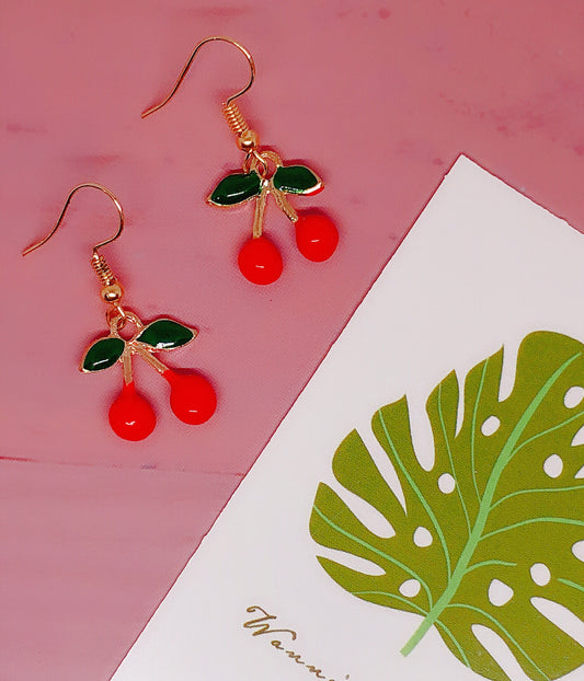 Cute 3D Enamel Red Cherry Green Leaves Earrings -- When summer arrives
