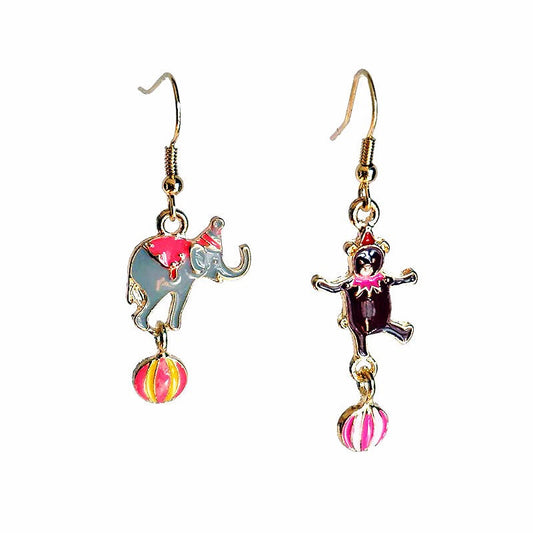 Funny Circus Enamel Cute Adorable Happy Circus Brown Bear and Grey Elephant Earrings -- Awesome Partner!