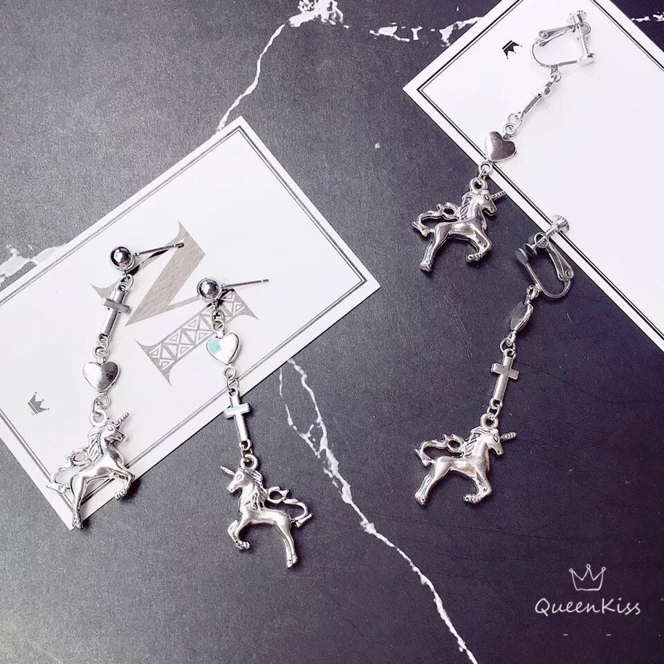 Sale!!! Unicorn Twins Cross Heart Silver Earrings -- Merry-go-round!!