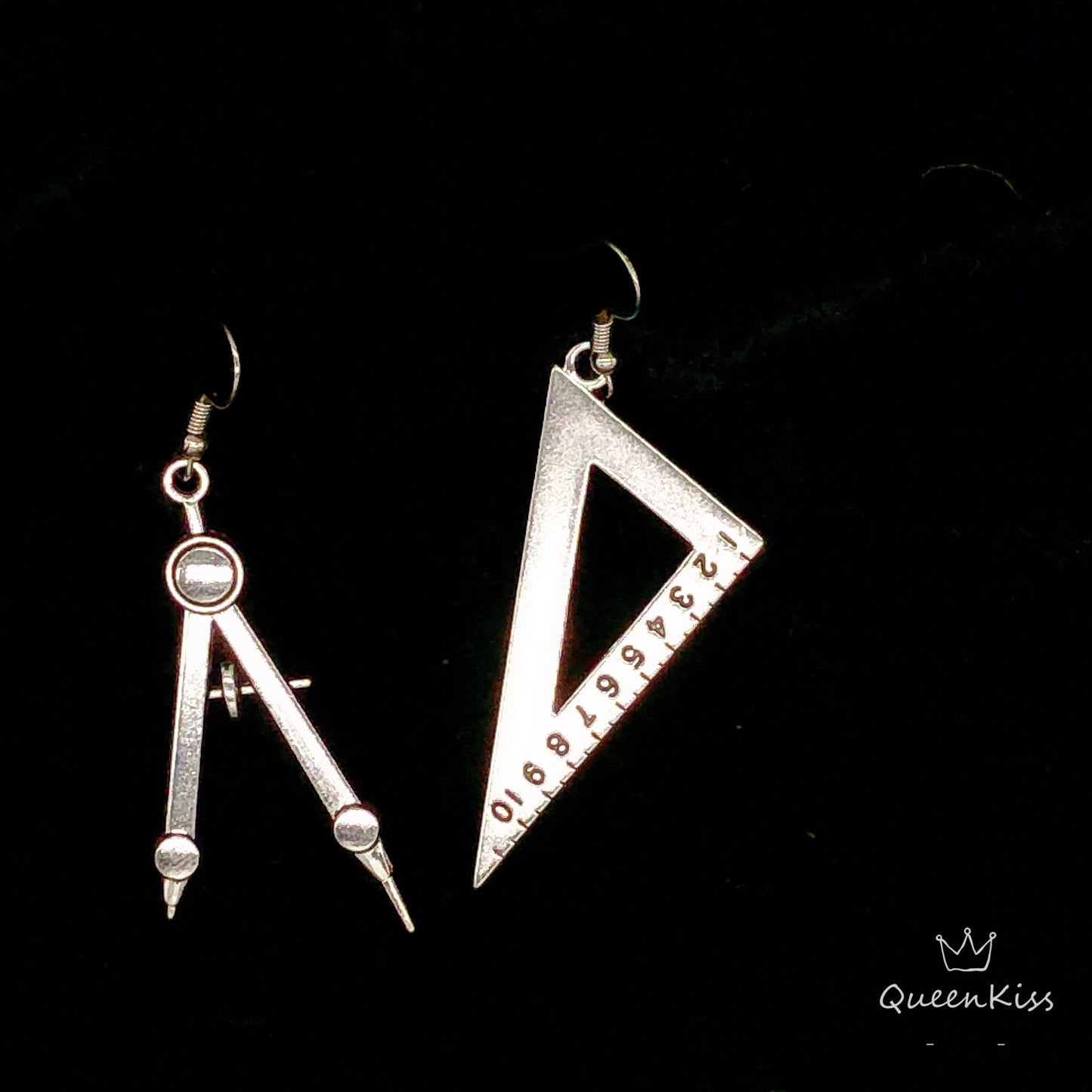 Cute Adorable Compasses and Triangular rule  Silver Earrings -- Perfect Partner!!