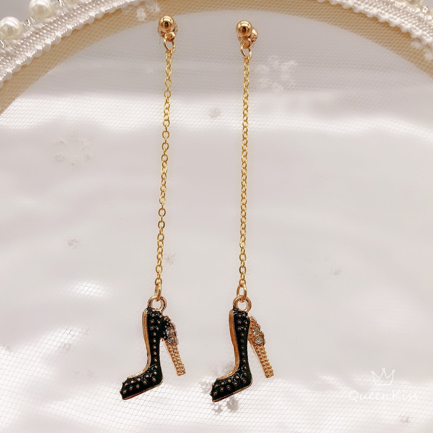 3D High Heel Shoes with Diamonds Sexy Gorgeous Woman Gold Earrings -- Rule the Wold!!