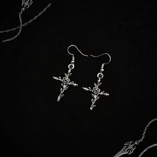 Cross and Rose Antique Silver Earrings Dagger Medieval Drop Dangle Gothic Earrings-- Game of Love!!