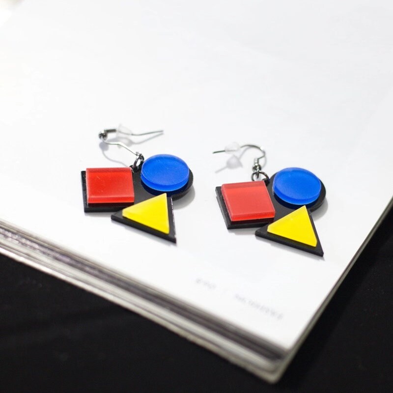 Cute Light Trendy Red Square Blue Circle Yellow Triangle Earrings - Make me Happy!!