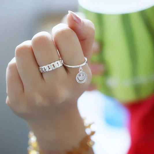 Cute Adorable Fashion Big Hanging Smiley Face Adjustable Silver Ring