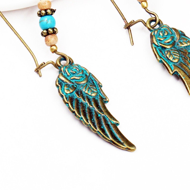 Vintage Copper Angle Wings Green Earrings -- Angel Wings!!