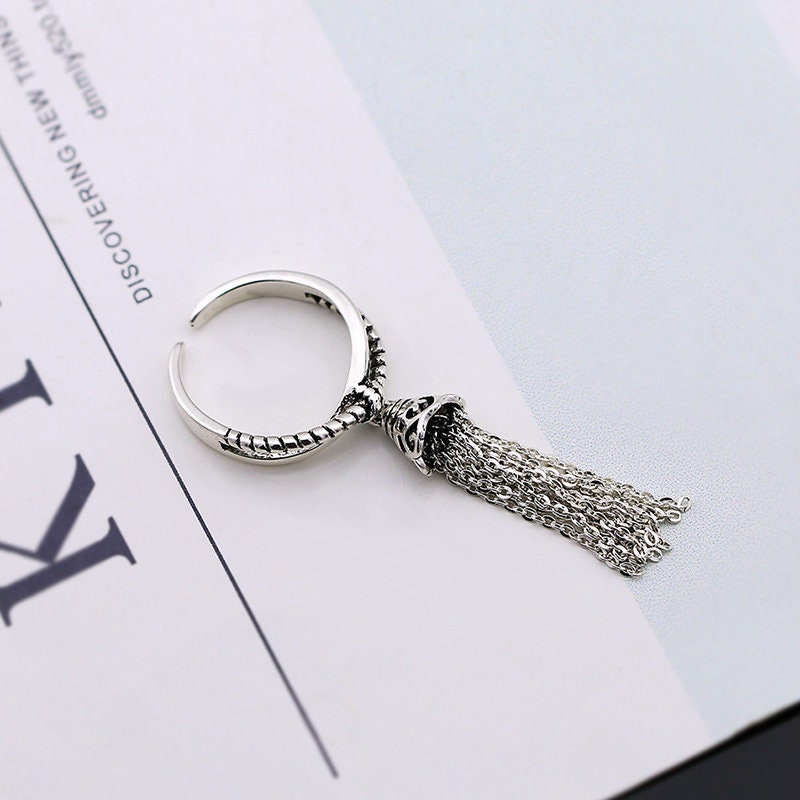 X Ring Tassel Minimalist Vintage Adjustable Silver Ring